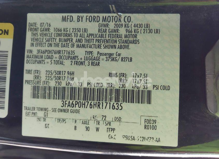 Photo 9 of 2017 Ford Fusion SE (VIN 3FA6P0H76HR171635)