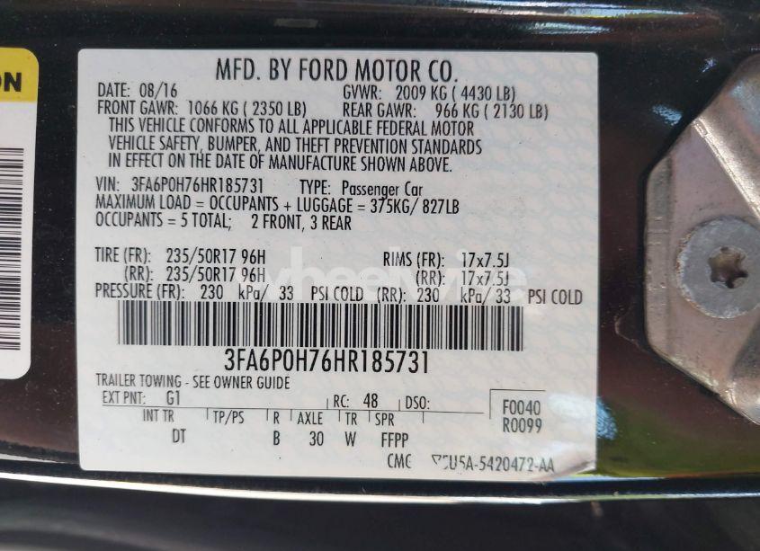 Photo 9 of 2017 Ford Fusion SE (VIN 3FA6P0H76HR185731)