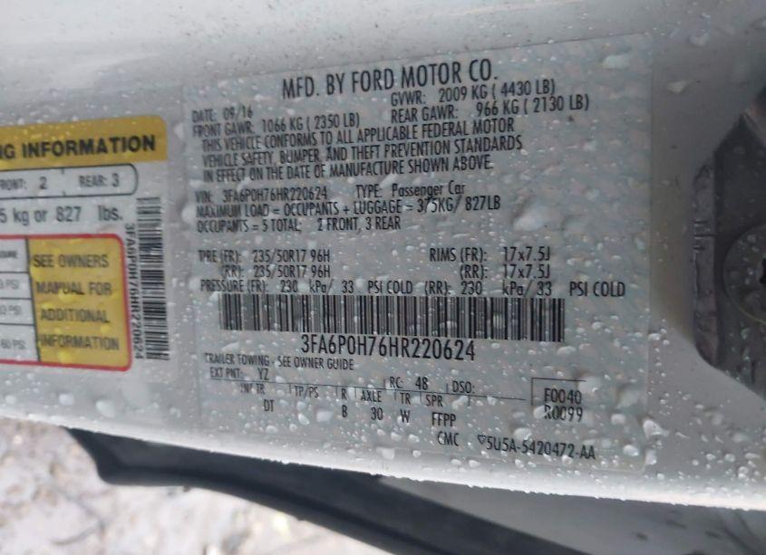 Photo 9 of 2017 Ford Fusion SE (VIN 3FA6P0H76HR220624)