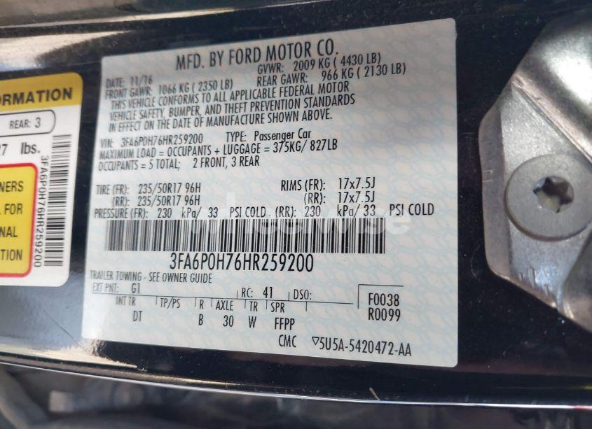 Photo 9 of 2017 Ford Fusion SE (VIN 3FA6P0H76HR259200)