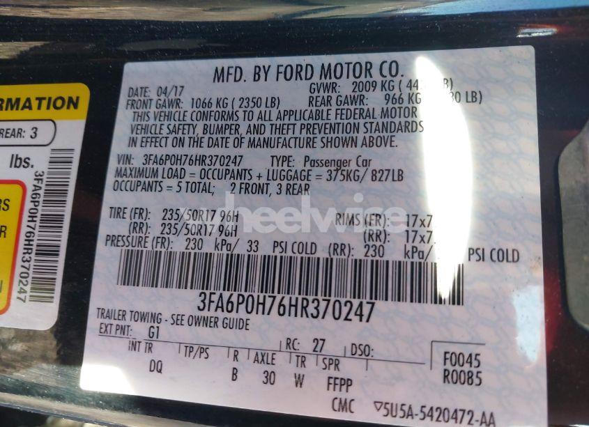 Photo 9 of 2017 Ford Fusion SE (VIN 3FA6P0H76HR370247)