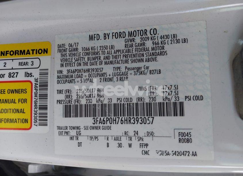 Photo 9 of 2017 Ford Fusion SE (VIN 3FA6P0H76HR393057)