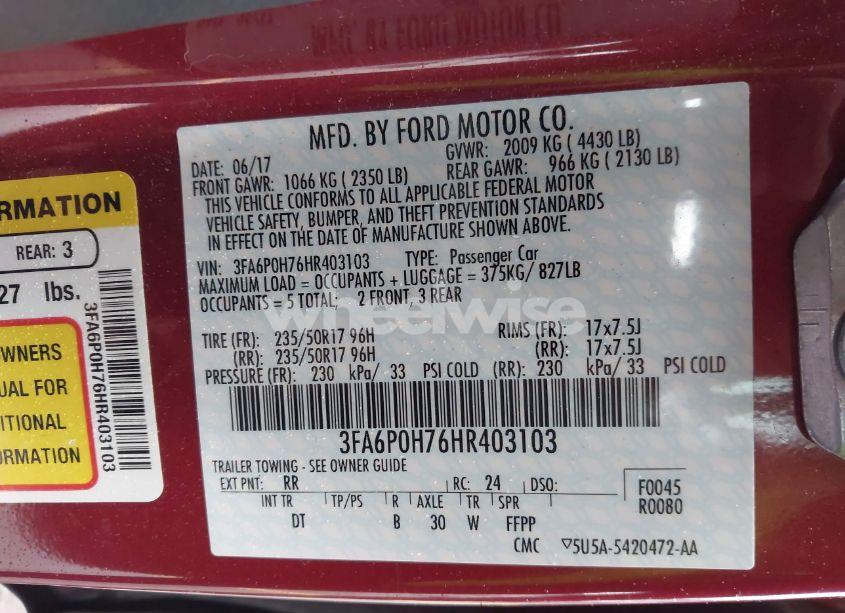 Photo 9 of 2017 Ford Fusion SE (VIN 3FA6P0H76HR403103)