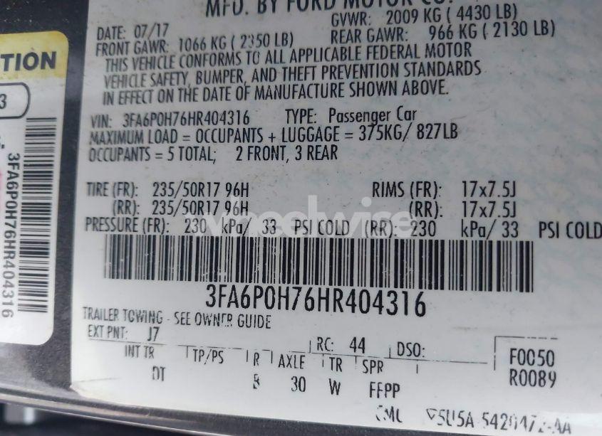 Photo 9 of 2017 Ford Fusion SE (VIN 3FA6P0H76HR404316)