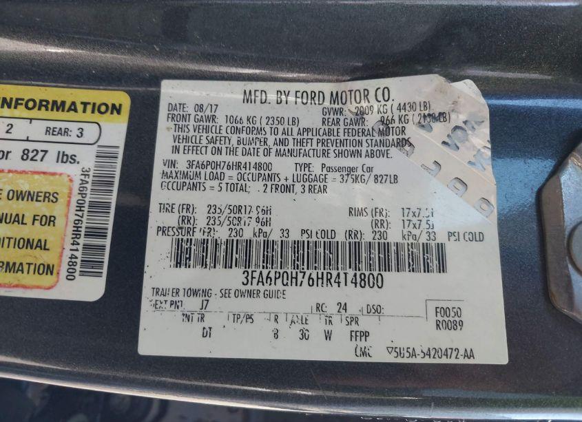 Photo 9 of 2017 Ford Fusion SE (VIN 3FA6P0H76HR414800)