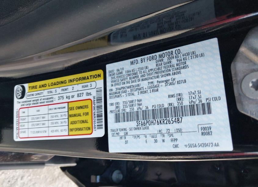 Photo 9 of 2019 Ford Fusion SE (VIN 3FA6P0H76KR265487)