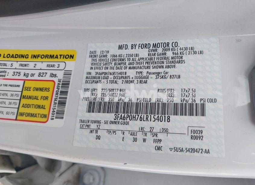 Photo 9 of 2020 Ford Fusion SE (VIN 3FA6P0H76LR154018)