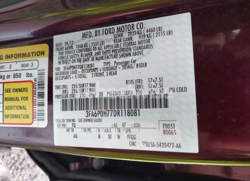 Photo 9 of 2013 Ford Fusion SE (VIN 3FA6P0H77DR118081)