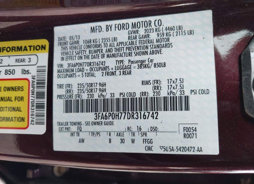 Photo 9 of 2013 Ford Fusion SE (VIN 3FA6P0H77DR316742)