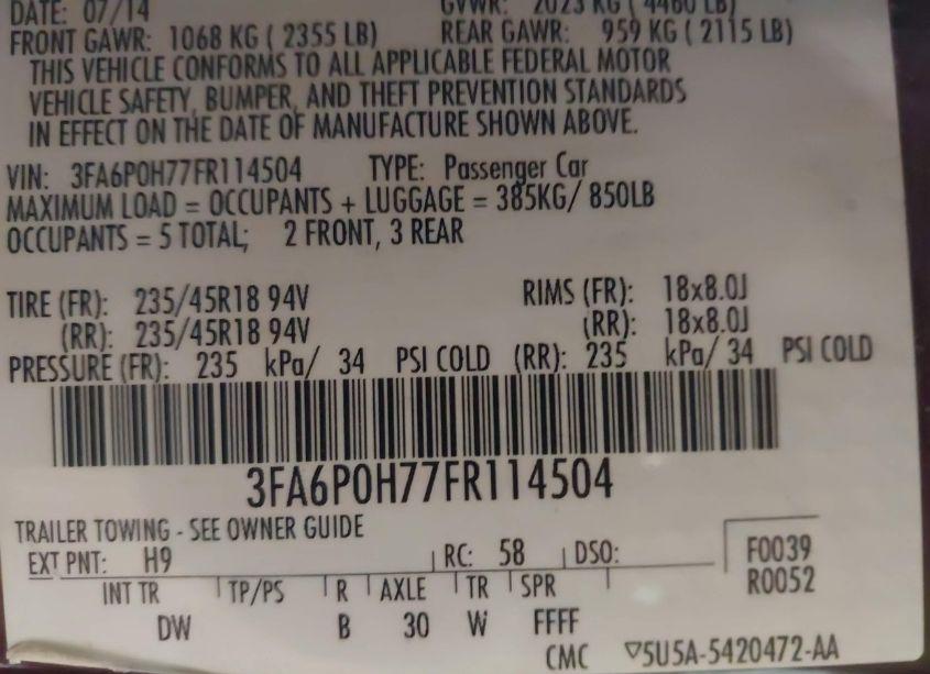 Photo 9 of 2015 Ford Fusion SE (VIN 3FA6P0H77FR114504)