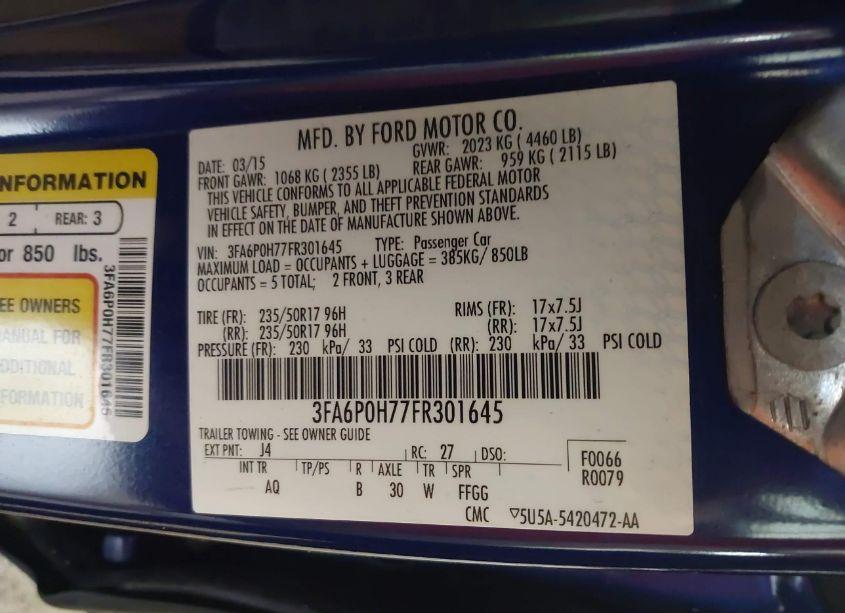 Photo 9 of 2015 Ford Fusion SE (VIN 3FA6P0H77FR301645)