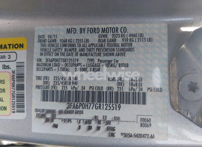 Photo 9 of 2016 Ford Fusion SE (VIN 3FA6P0H77GR125519)