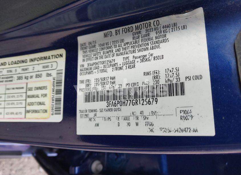 Photo 9 of 2016 Ford Fusion SE (VIN 3FA6P0H77GR125679)