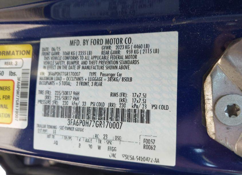 Photo 9 of 2016 Ford Fusion SE (VIN 3FA6P0H77GR170007)