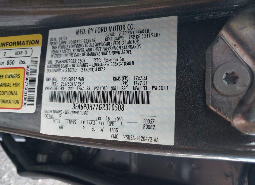 Photo 9 of 2016 Ford Fusion SE (VIN 3FA6P0H77GR310508)