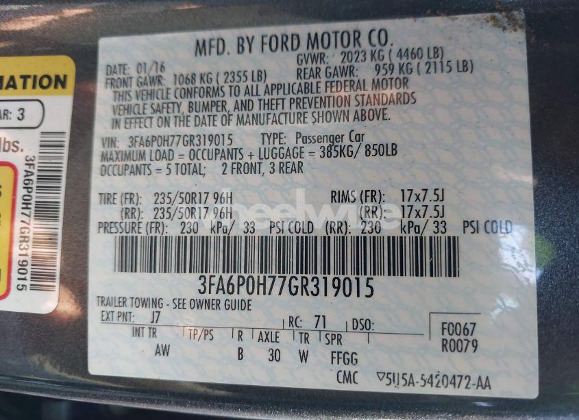 Photo 9 of 2016 Ford Fusion SE (VIN 3FA6P0H77GR319015)