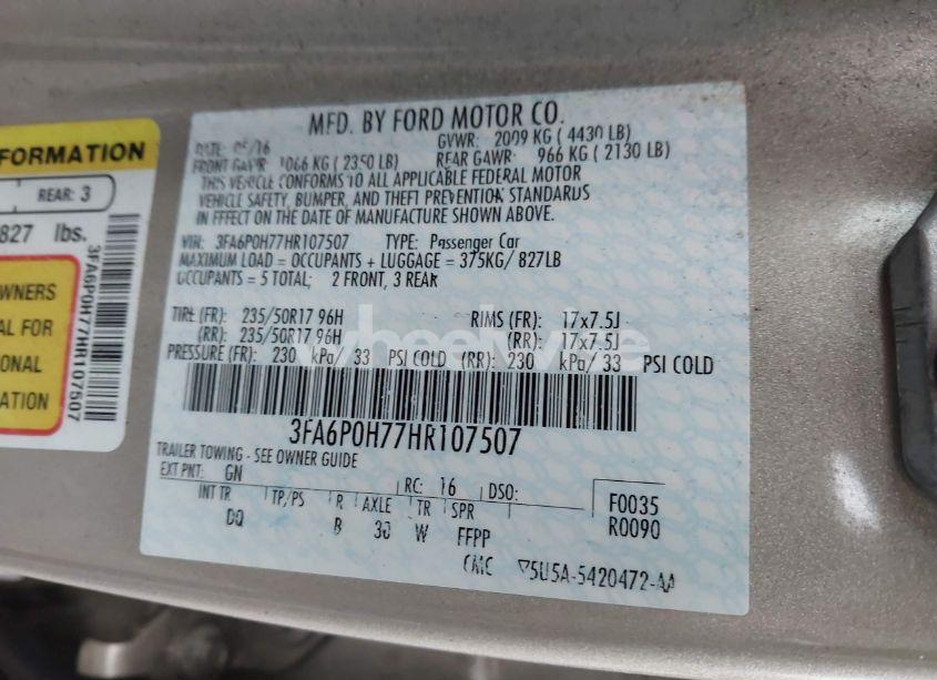 Photo 9 of 2017 Ford Fusion SE (VIN 3FA6P0H77HR107507)