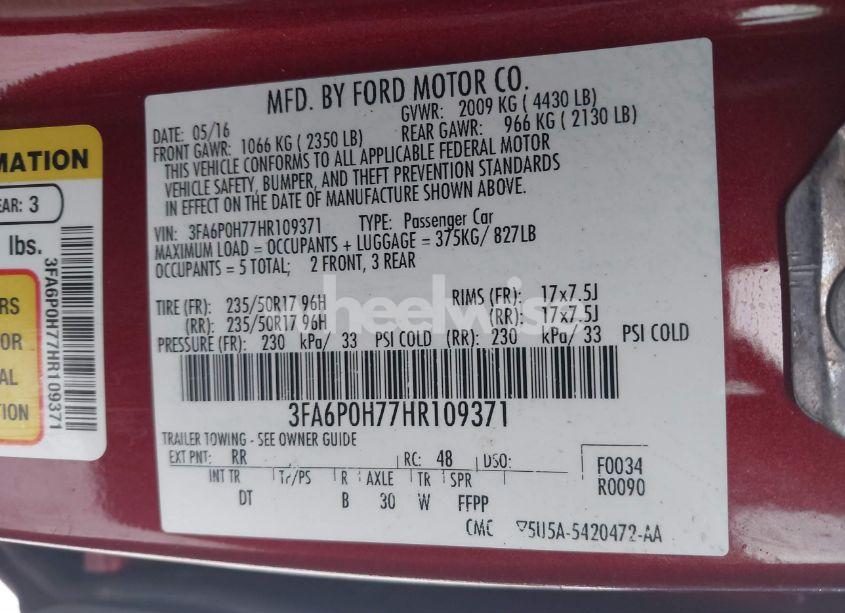 Photo 9 of 2017 Ford Fusion SE (VIN 3FA6P0H77HR109371)