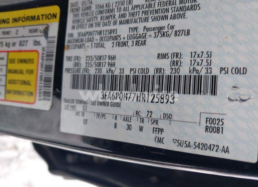 Photo 9 of 2017 Ford Fusion SE (VIN 3FA6P0H77HR125893)