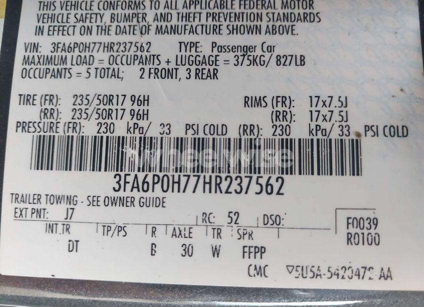 Photo 9 of 2017 Ford Fusion SE (VIN 3FA6P0H77HR237562)