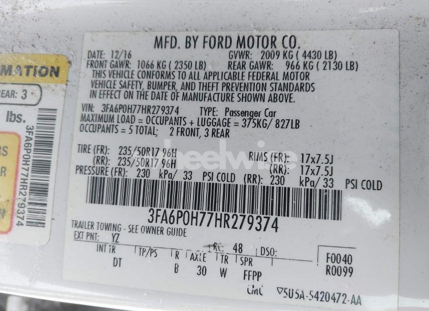 Photo 9 of 2017 Ford Fusion SE (VIN 3FA6P0H77HR279374)