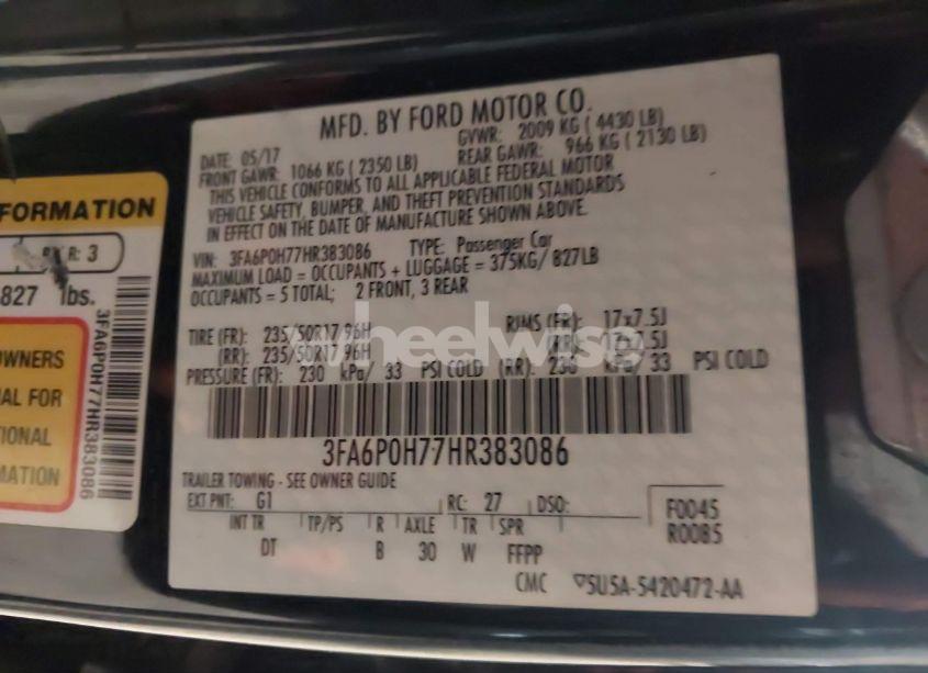 Photo 9 of 2017 Ford Fusion SE (VIN 3FA6P0H77HR383086)