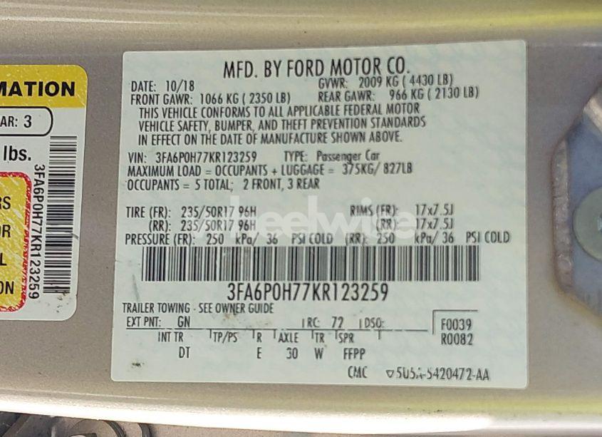 Photo 9 of 2019 Ford Fusion SE (VIN 3FA6P0H77KR123259)