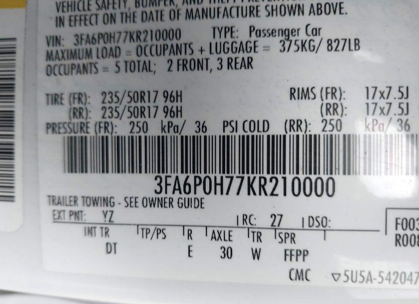 Photo 9 of 2019 Ford Fusion SE (VIN 3FA6P0H77KR210000)