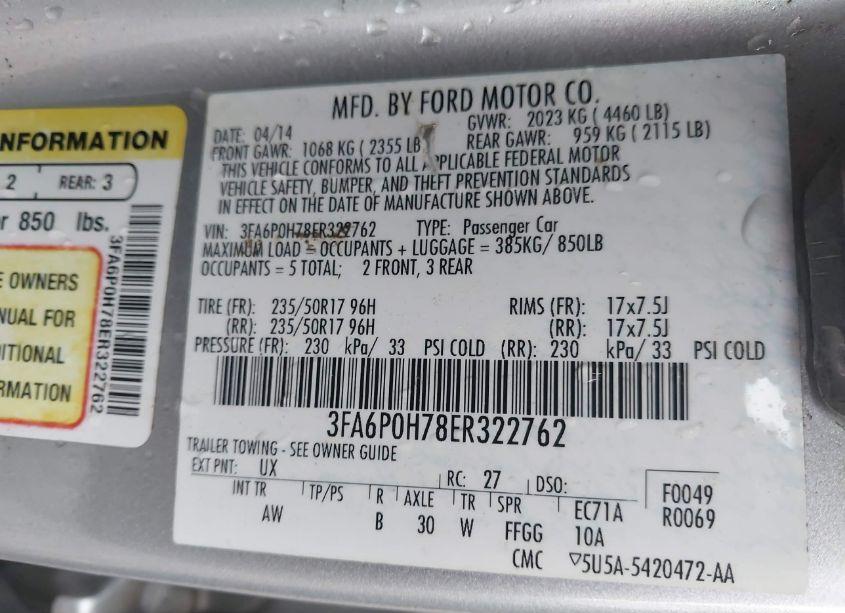 Photo 9 of 2014 Ford Fusion SE (VIN 3FA6P0H78ER322762)