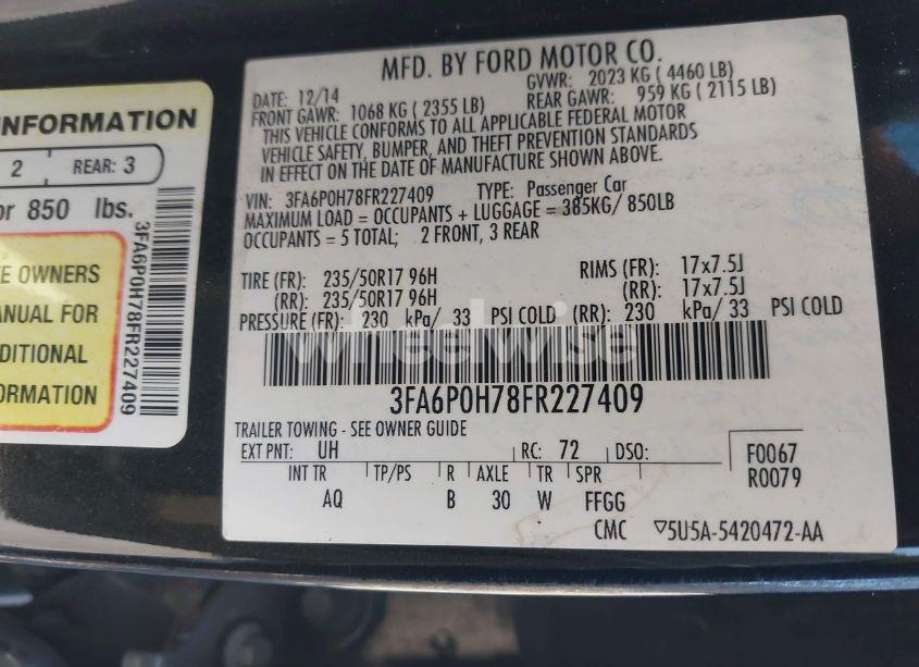 Photo 9 of 2015 Ford Fusion SE (VIN 3FA6P0H78FR227409)