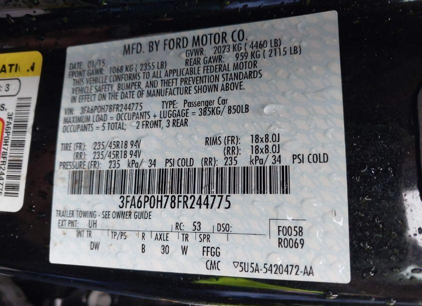 Photo 9 of 2015 Ford Fusion SE (VIN 3FA6P0H78FR244775)