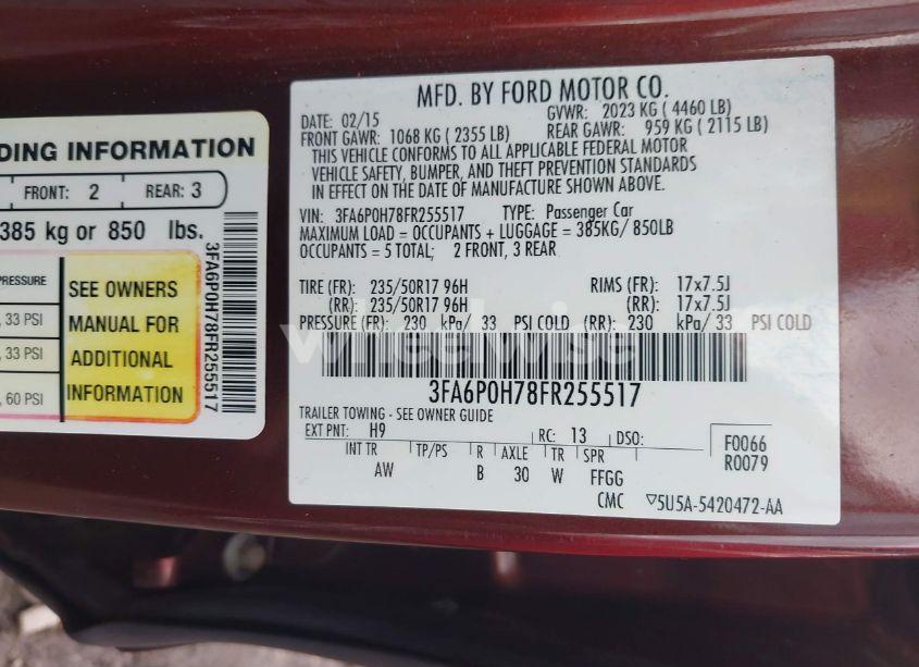 Photo 9 of 2015 Ford Fusion SE (VIN 3FA6P0H78FR255517)