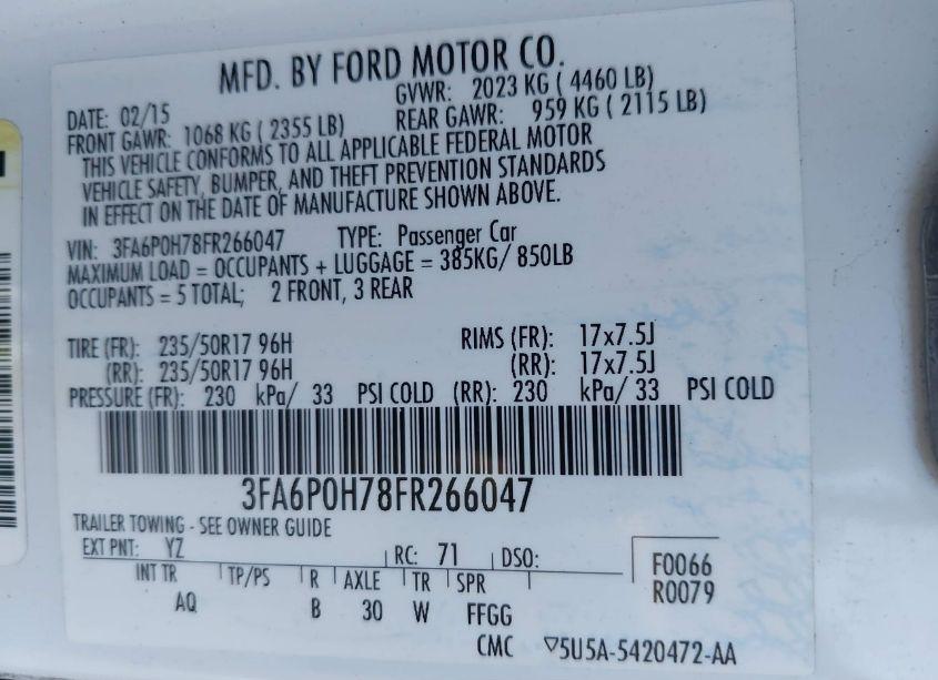 Photo 9 of 2015 Ford Fusion SE (VIN 3FA6P0H78FR266047)