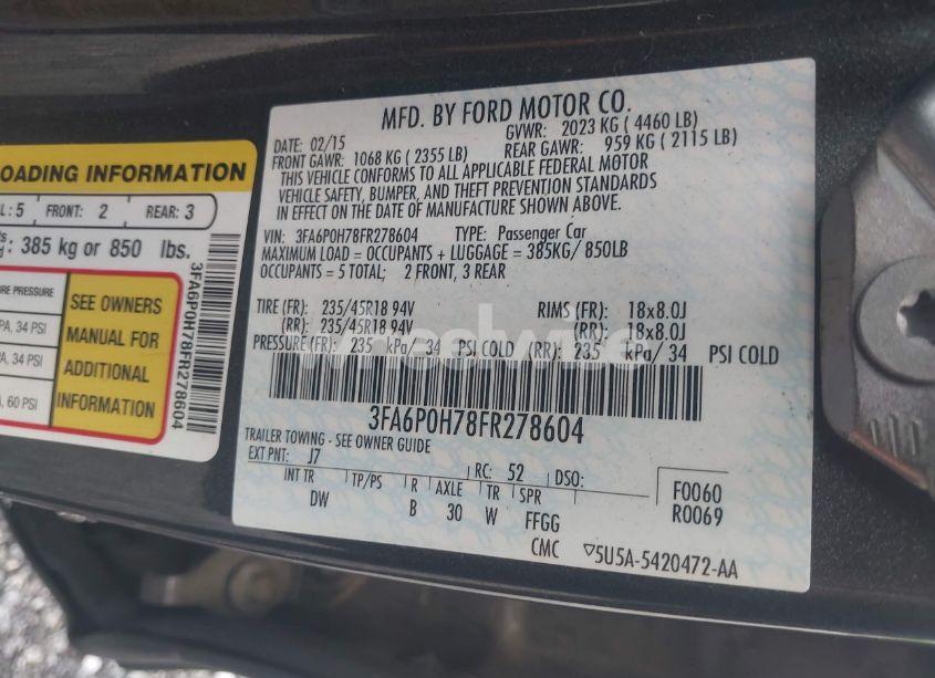 Photo 9 of 2015 Ford Fusion SE (VIN 3FA6P0H78FR278604)