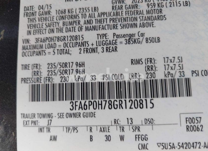 Photo 9 of 2016 Ford Fusion SE (VIN 3FA6P0H78GR120815)