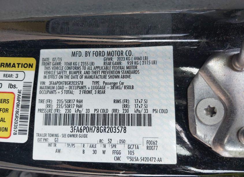 Photo 9 of 2016 Ford Fusion SE (VIN 3FA6P0H78GR203578)