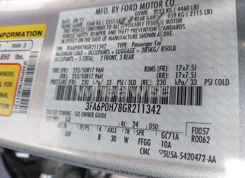 Photo 9 of 2016 Ford Fusion SE (VIN 3FA6P0H78GR211342)