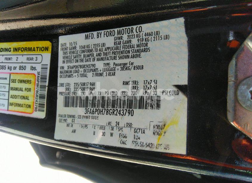 Photo 9 of 2016 Ford Fusion SE (VIN 3FA6P0H78GR243790)