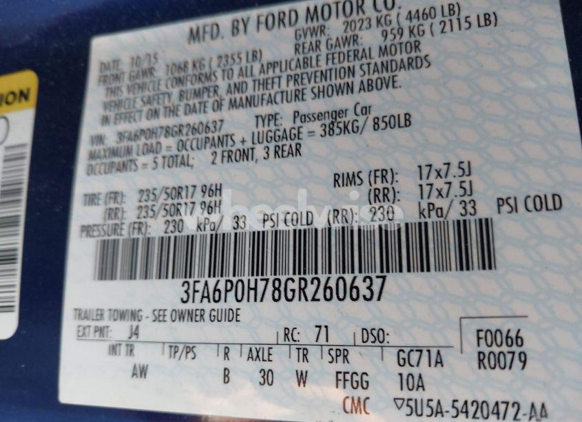 Photo 9 of 2016 Ford Fusion SE (VIN 3FA6P0H78GR260637)