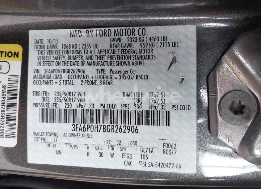 Photo 9 of 2016 Ford Fusion SE (VIN 3FA6P0H78GR262906)