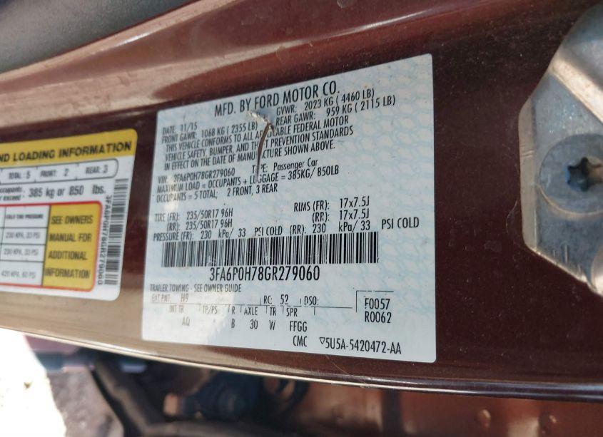 Photo 9 of 2016 Ford Fusion SE (VIN 3FA6P0H78GR279060)