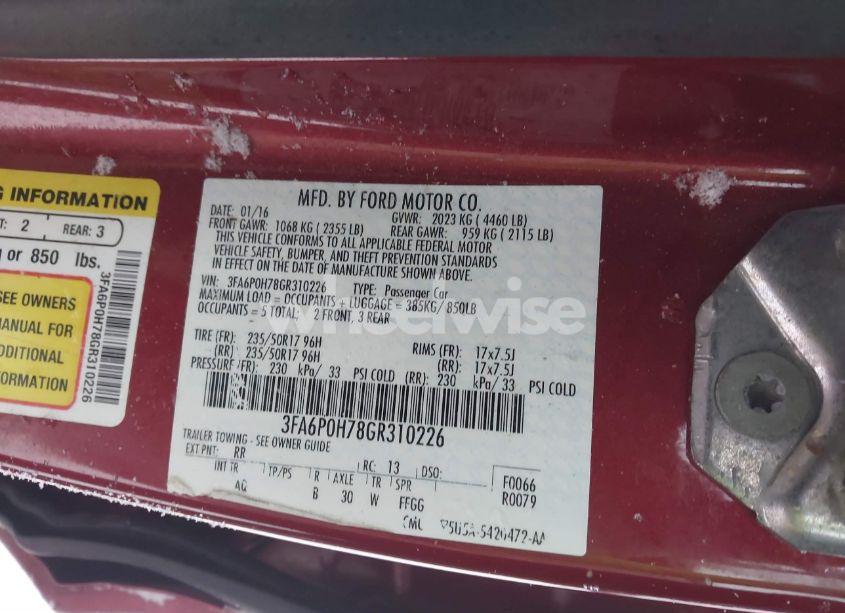 Photo 9 of 2016 Ford Fusion SE (VIN 3FA6P0H78GR310226)