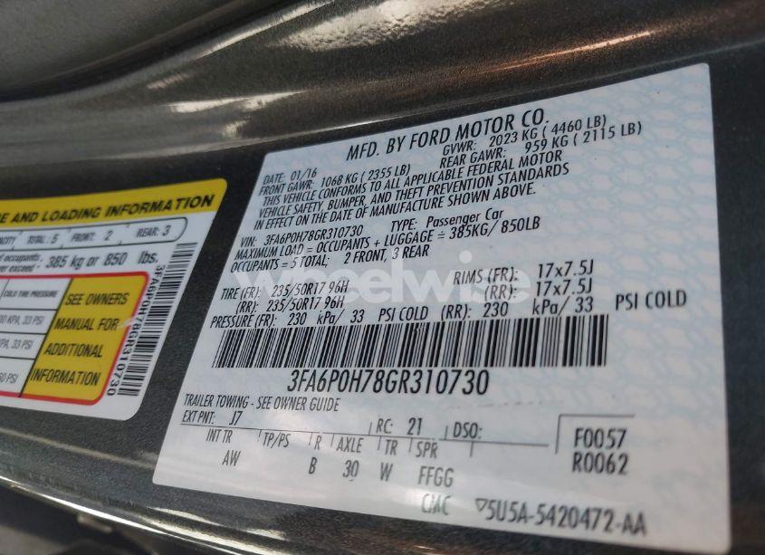 Photo 9 of 2016 Ford Fusion SE (VIN 3FA6P0H78GR310730)