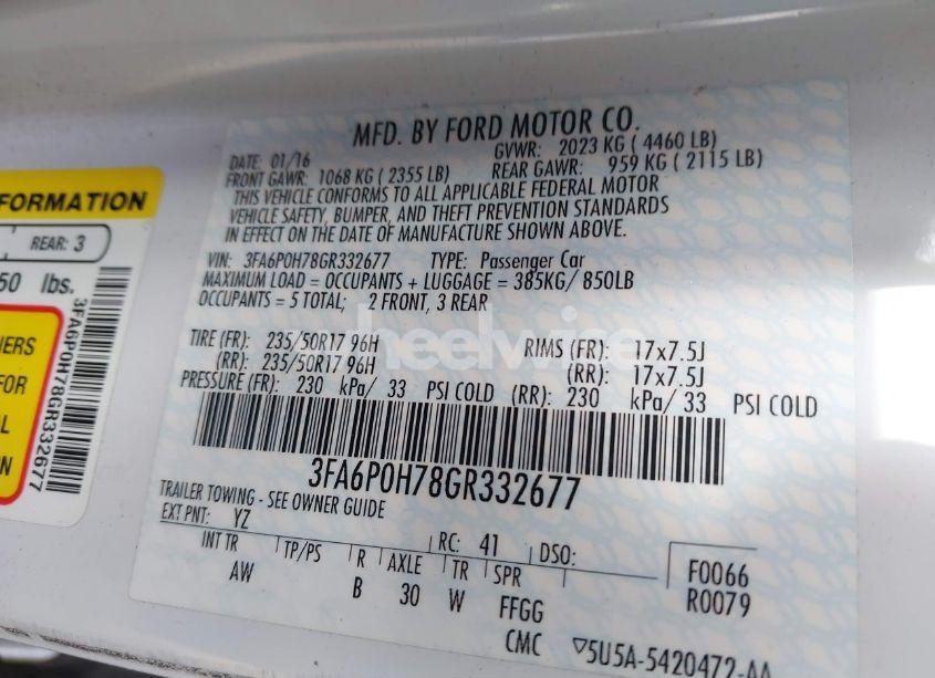 Photo 9 of 2016 Ford Fusion SE (VIN 3FA6P0H78GR332677)