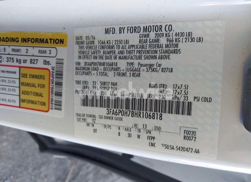 Photo 9 of 2017 Ford Fusion SE (VIN 3FA6P0H78HR106818)