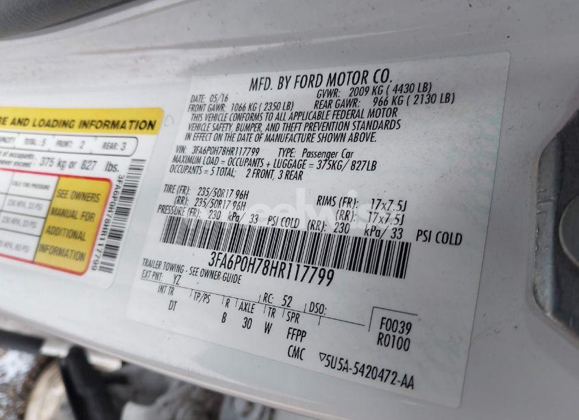 Photo 9 of 2017 Ford Fusion SE (VIN 3FA6P0H78HR117799)