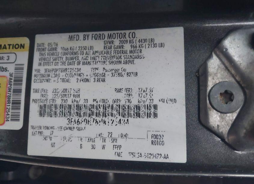 Photo 9 of 2017 Ford Fusion SE (VIN 3FA6P0H78HR125434)