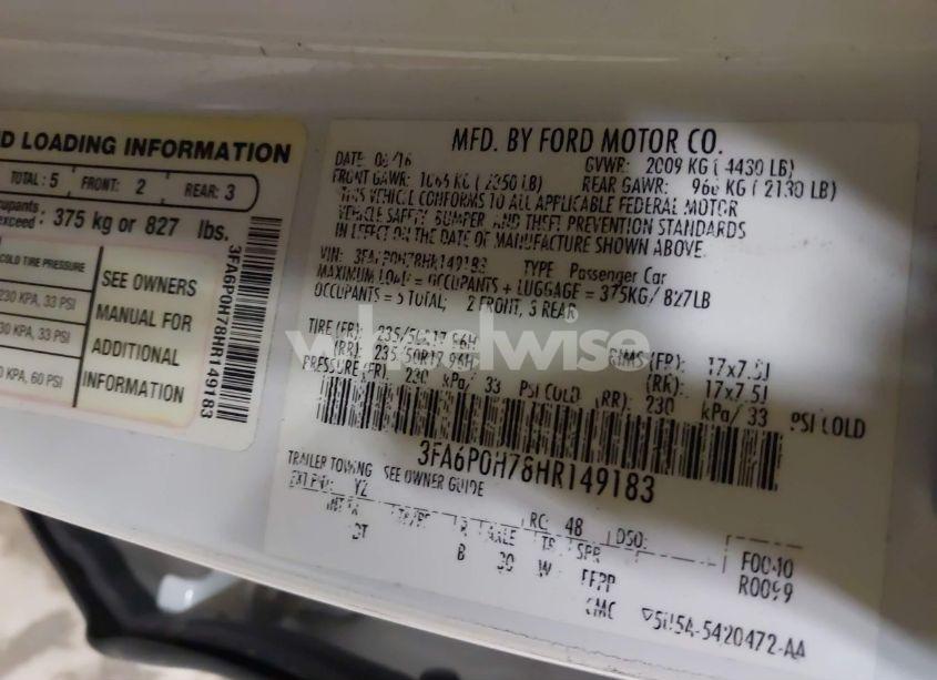 Photo 9 of 2017 Ford Fusion SE (VIN 3FA6P0H78HR149183)