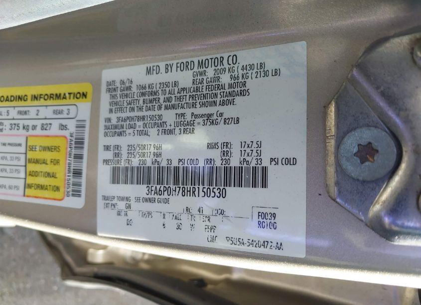 Photo 9 of 2017 Ford Fusion SE (VIN 3FA6P0H78HR150530)