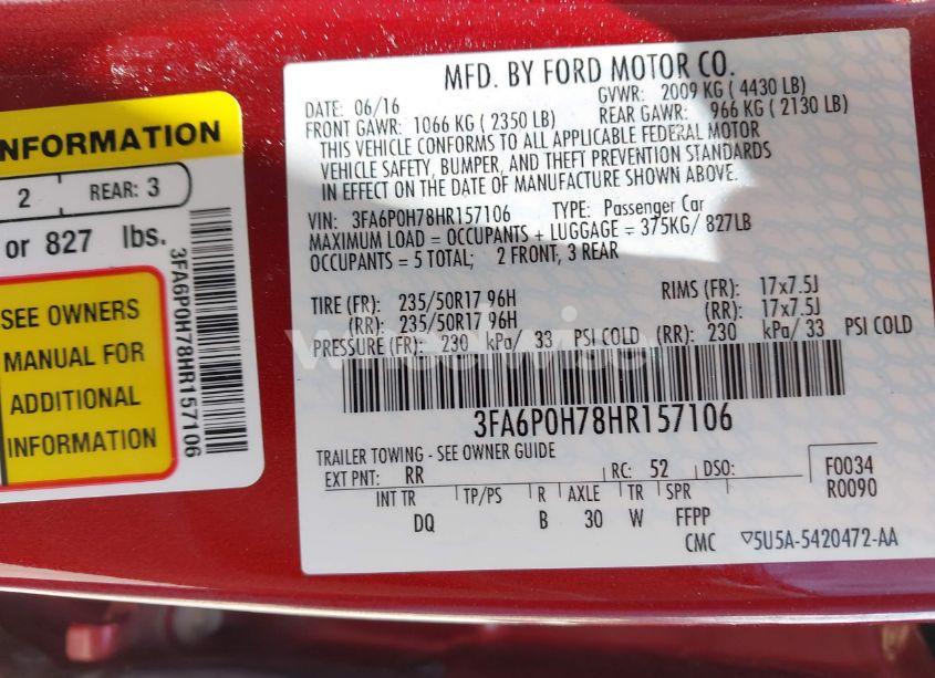 Photo 9 of 2017 Ford Fusion SE (VIN 3FA6P0H78HR157106)